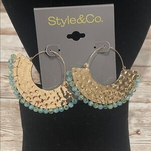 Style & Co. Hammered Gold Earrings‎ with Aqua Beads NWT $30